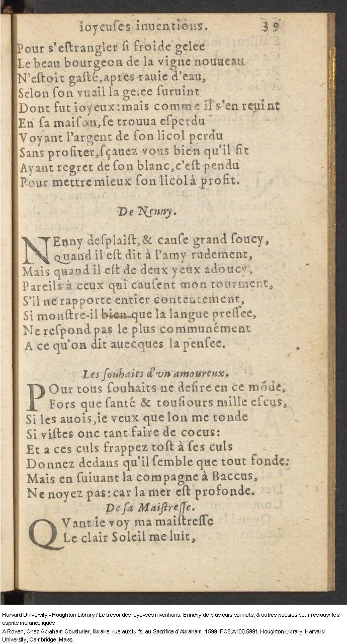 1599 - Abraham Le Cousturier - Trésor des joyeuses inventions du parangon de poésies - Harvard University 1599 - Abraham Le Cousturier - Trésor des joyeuses inventions du parangon de poésies - Harvard University
