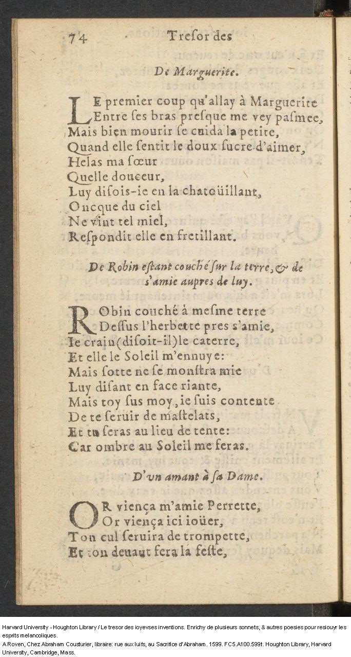 1599 - Abraham Le Cousturier - Trésor des joyeuses inventions du parangon de poésies - Harvard University 1599 - Abraham Le Cousturier - Trésor des joyeuses inventions du parangon de poésies - Harvard University