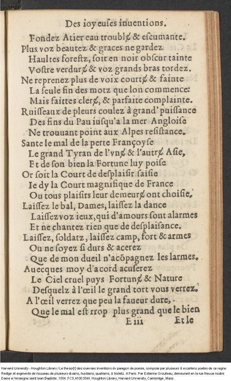 1554 - Étienne Groulleau - Trésor des joyeuses inventions du parangon de poésies - Harvard University