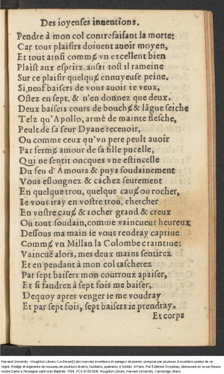 1554 - Étienne Groulleau - Trésor des joyeuses inventions du parangon de poésies - Harvard University