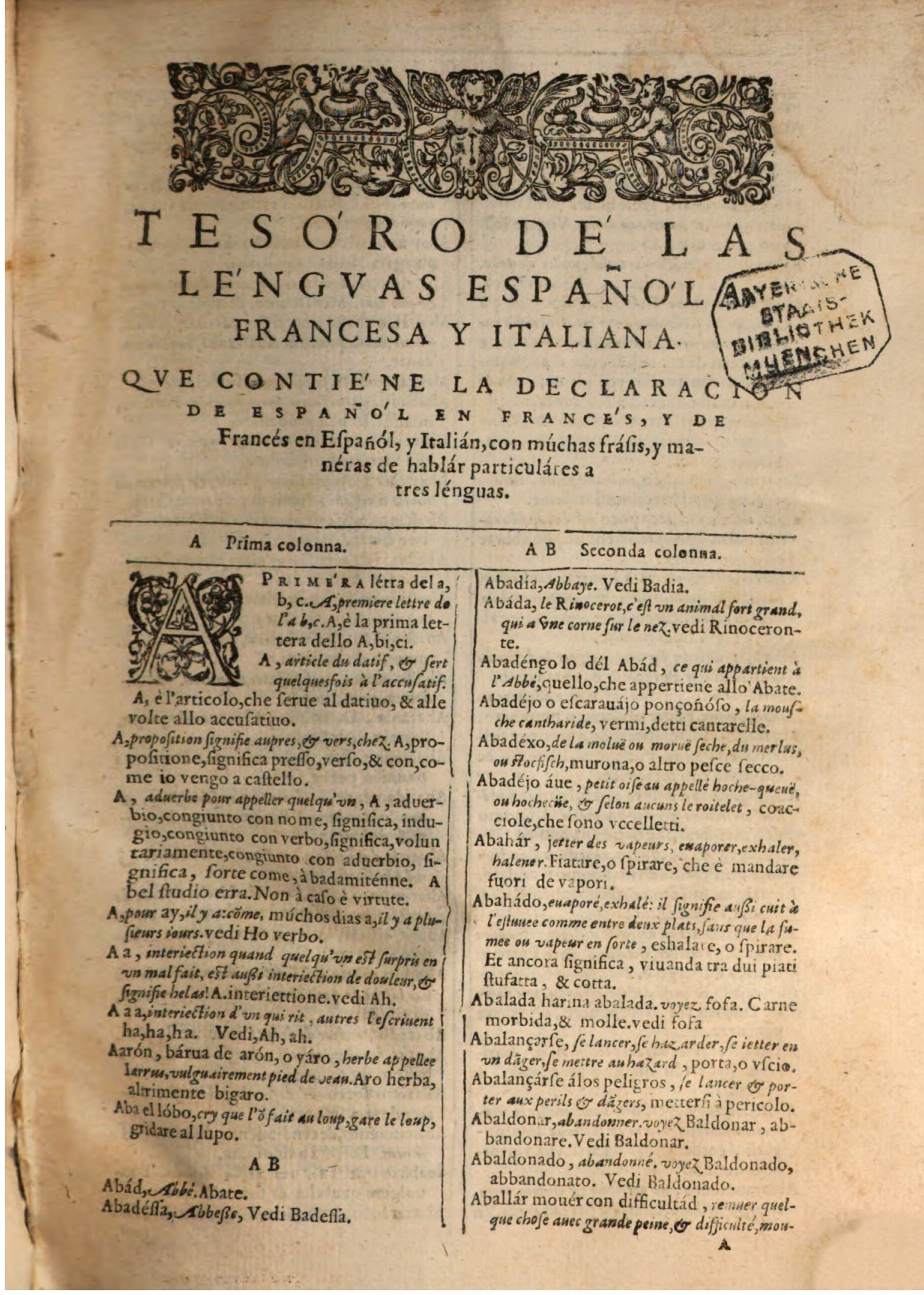 1609 - Philippe Albert et Alexandre Pernet - Trésor des trois langues française, italienne et espagnole (Première partie) - BSB Munich