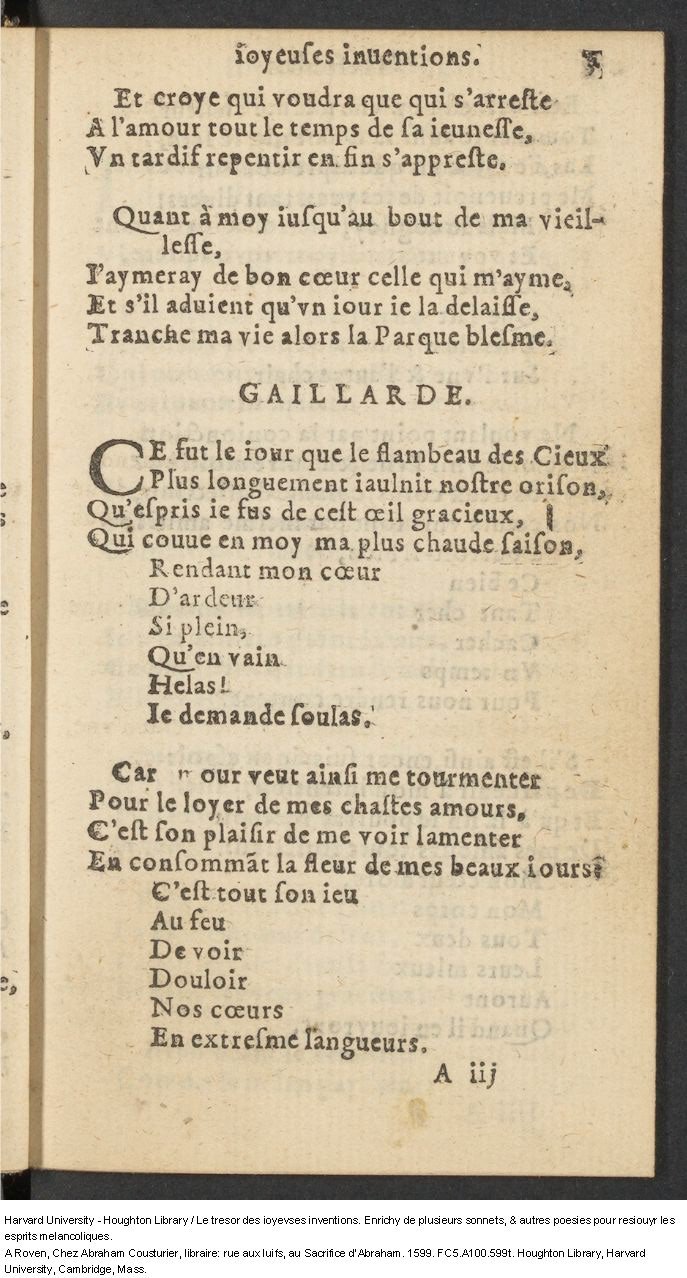 1599 - Abraham Le Cousturier - Trésor des joyeuses inventions du parangon de poésies - Harvard University 1599 - Abraham Le Cousturier - Trésor des joyeuses inventions du parangon de poésies - Harvard University