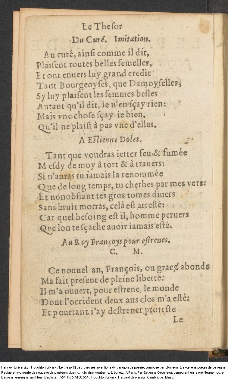 1554 - Étienne Groulleau - Trésor des joyeuses inventions du parangon de poésies - Harvard University