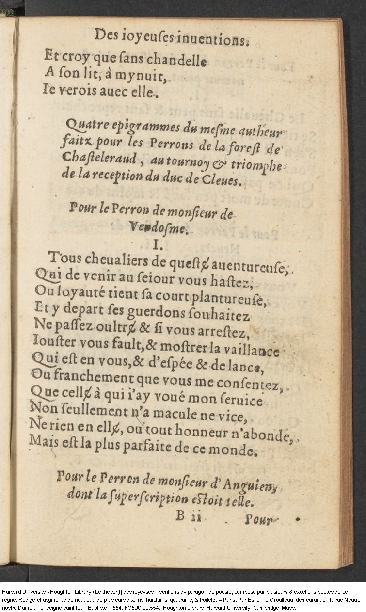 1554 - Étienne Groulleau - Trésor des joyeuses inventions du parangon de poésies - Harvard University