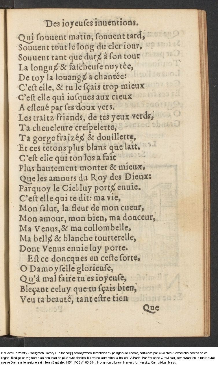 1554 - Étienne Groulleau - Trésor des joyeuses inventions du parangon de poésies - Harvard University