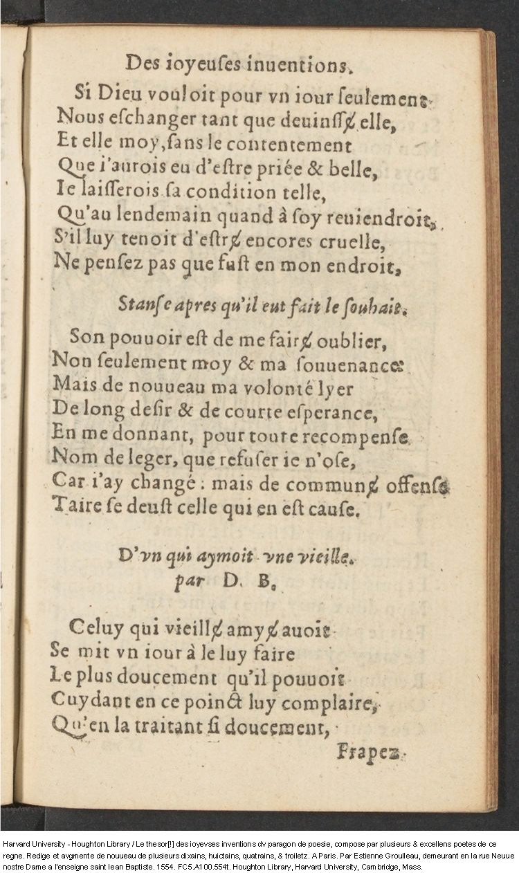1554 - Étienne Groulleau - Trésor des joyeuses inventions du parangon de poésies - Harvard University