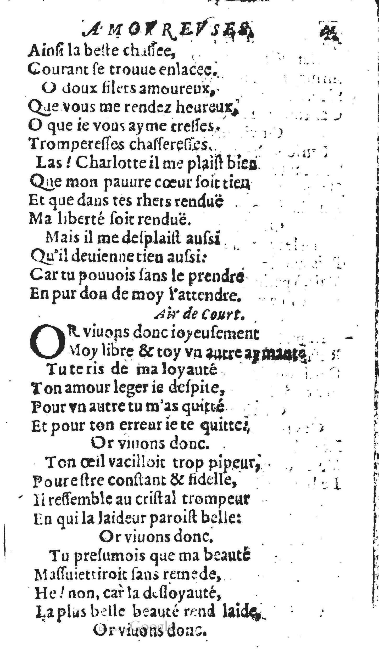 1606 - Théodore Reinsart - Trésor des chansons amoureuses recueillies des plus excellents airs de cour - Livre II - NK ČR Prague