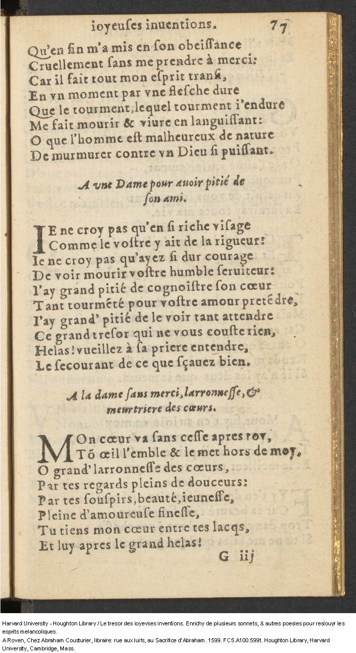 1599 - Abraham Le Cousturier - Trésor des joyeuses inventions du parangon de poésies - Harvard University 1599 - Abraham Le Cousturier - Trésor des joyeuses inventions du parangon de poésies - Harvard University