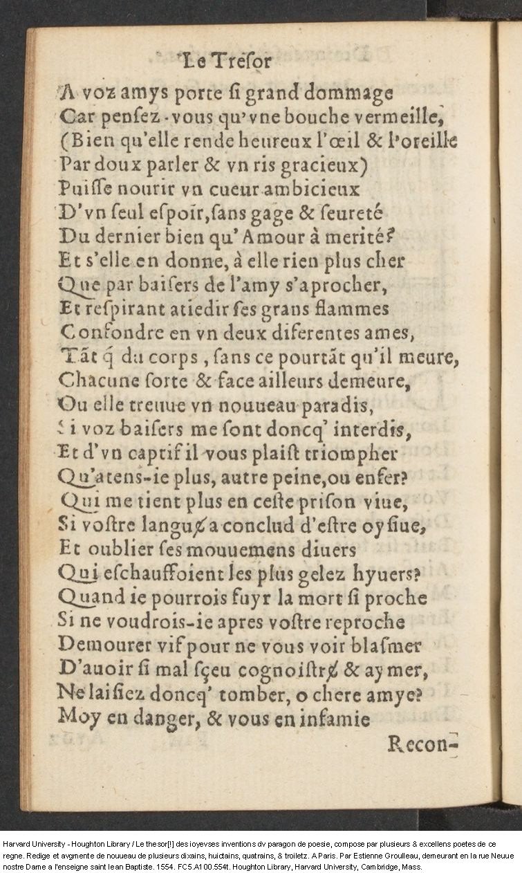 1554 - Étienne Groulleau - Trésor des joyeuses inventions du parangon de poésies - Harvard University