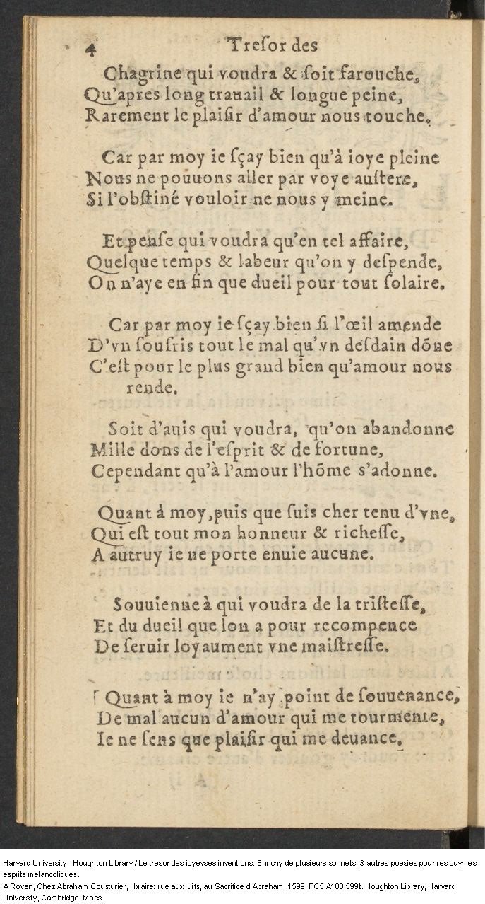 1599 - Abraham Le Cousturier - Trésor des joyeuses inventions du parangon de poésies - Harvard University 1599 - Abraham Le Cousturier - Trésor des joyeuses inventions du parangon de poésies - Harvard University
