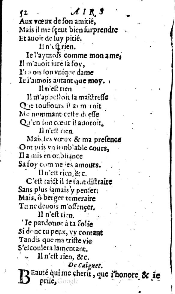 1606 - Théodore Reinsart - Trésor des chansons amoureuses recueillies des plus excellents airs de cour - Livre I - NK ČR Prague