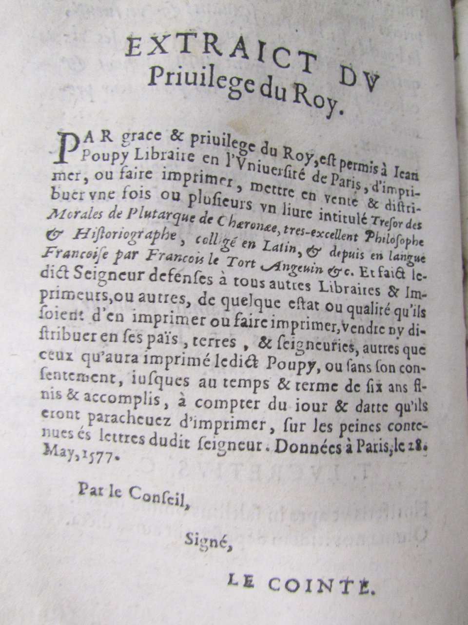 1578 - Jean Poupy - Trésor des morales de Plutarque - Vitré