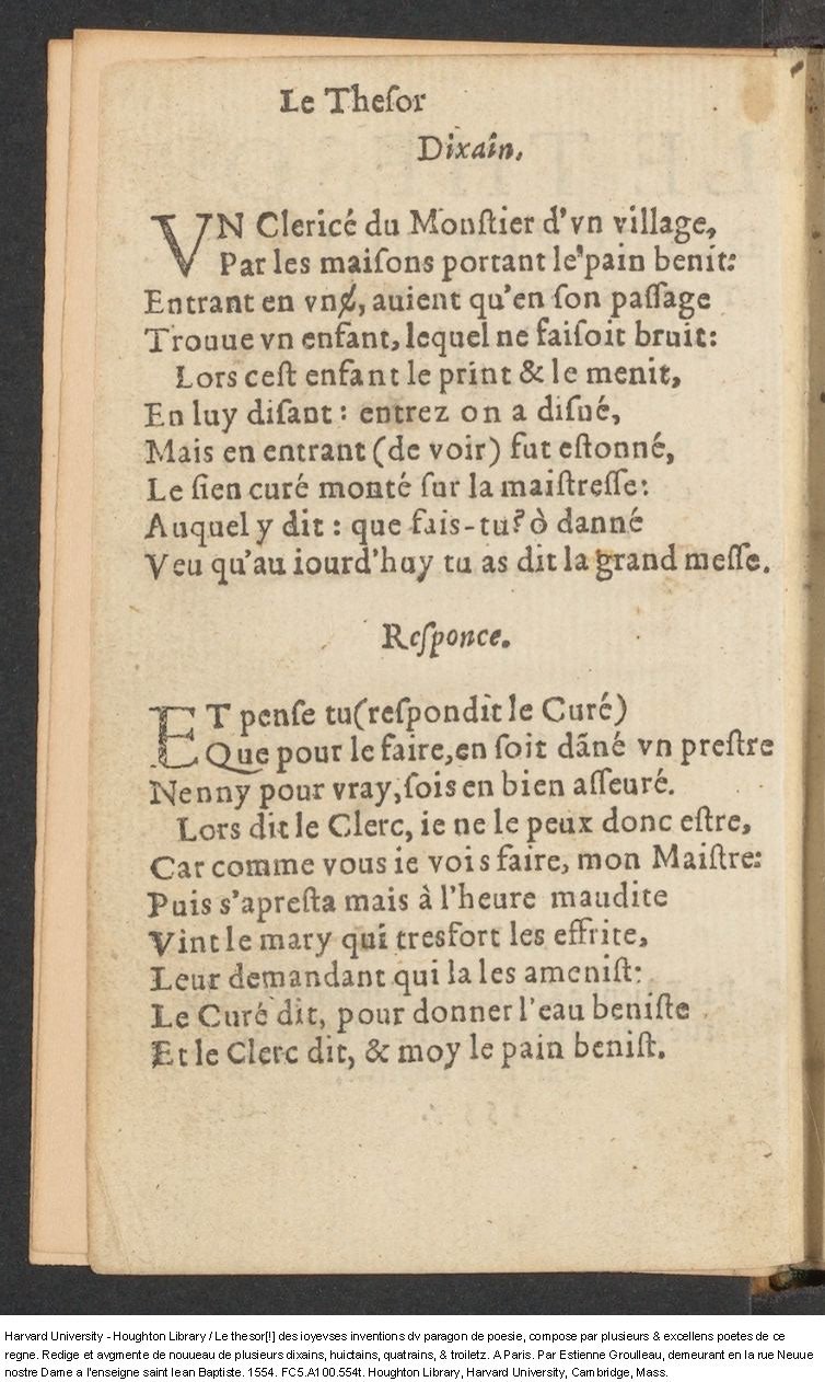 1554 - Étienne Groulleau - Trésor des joyeuses inventions du parangon de poésies - Harvard University