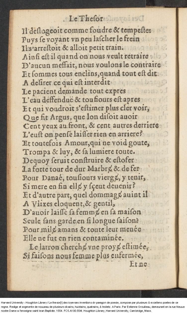1554 - Étienne Groulleau - Trésor des joyeuses inventions du parangon de poésies - Harvard University