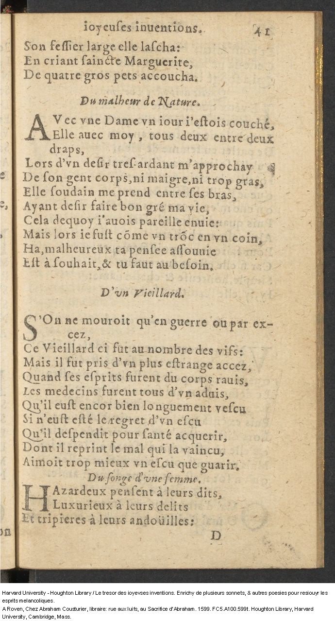 1599 - Abraham Le Cousturier - Trésor des joyeuses inventions du parangon de poésies - Harvard University 1599 - Abraham Le Cousturier - Trésor des joyeuses inventions du parangon de poésies - Harvard University