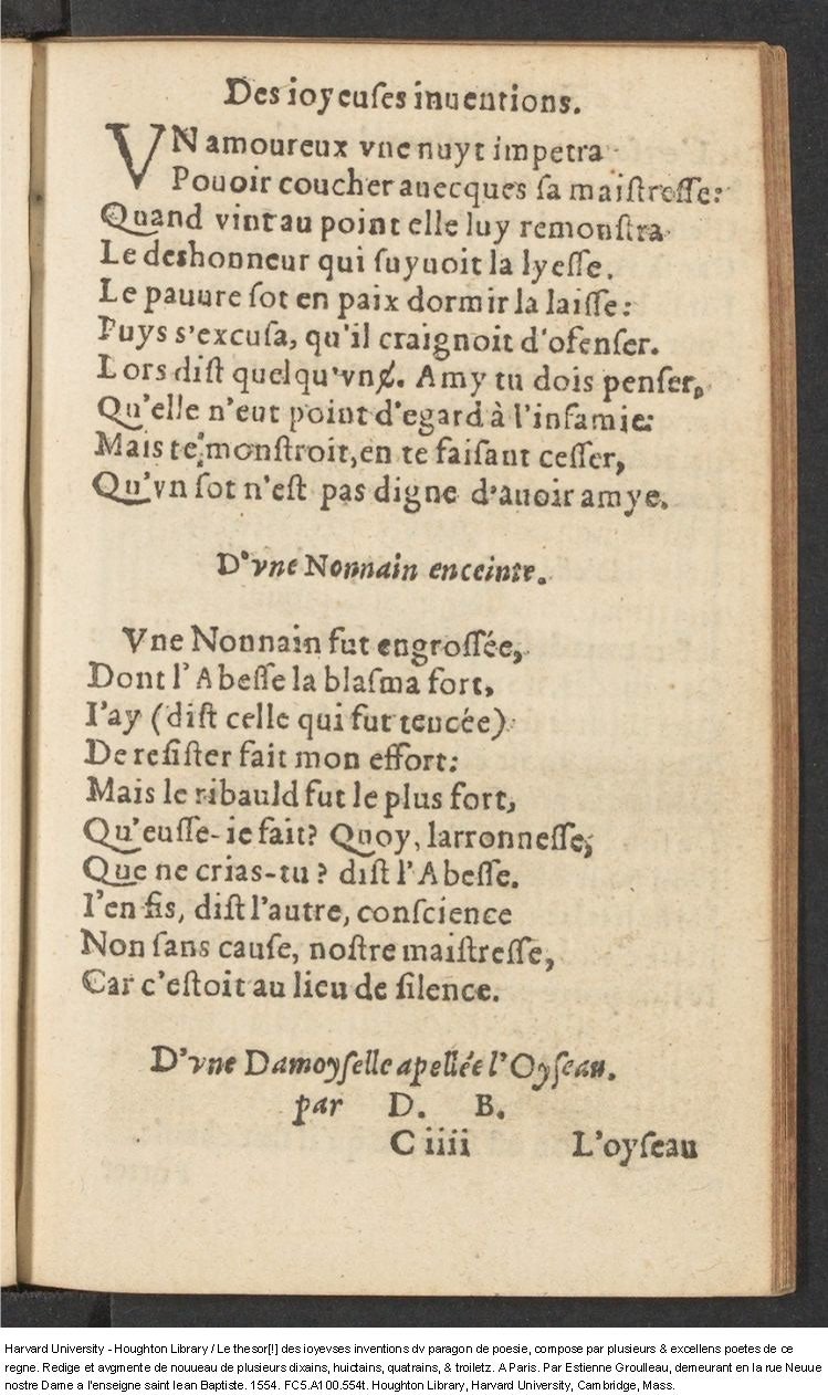 1554 - Étienne Groulleau - Trésor des joyeuses inventions du parangon de poésies - Harvard University