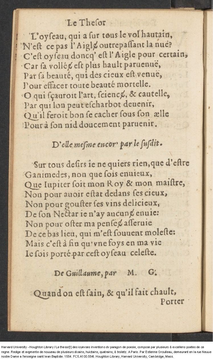 1554 - Étienne Groulleau - Trésor des joyeuses inventions du parangon de poésies - Harvard University