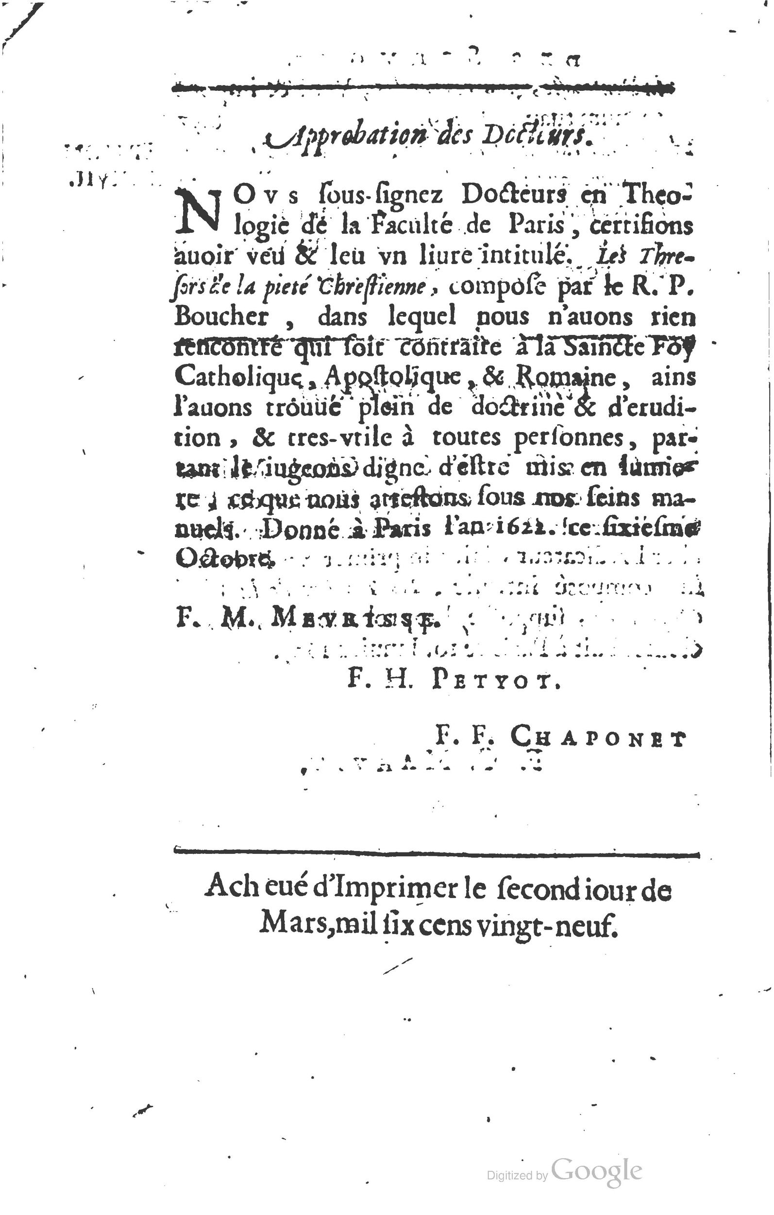 1629 - Manassés de Préaulx - Sermons ou Trésors de la piété chrétienne - BM Lyon