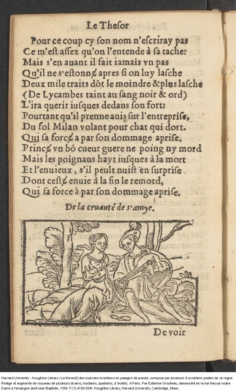 1554 - Étienne Groulleau - Trésor des joyeuses inventions du parangon de poésies - Harvard University
