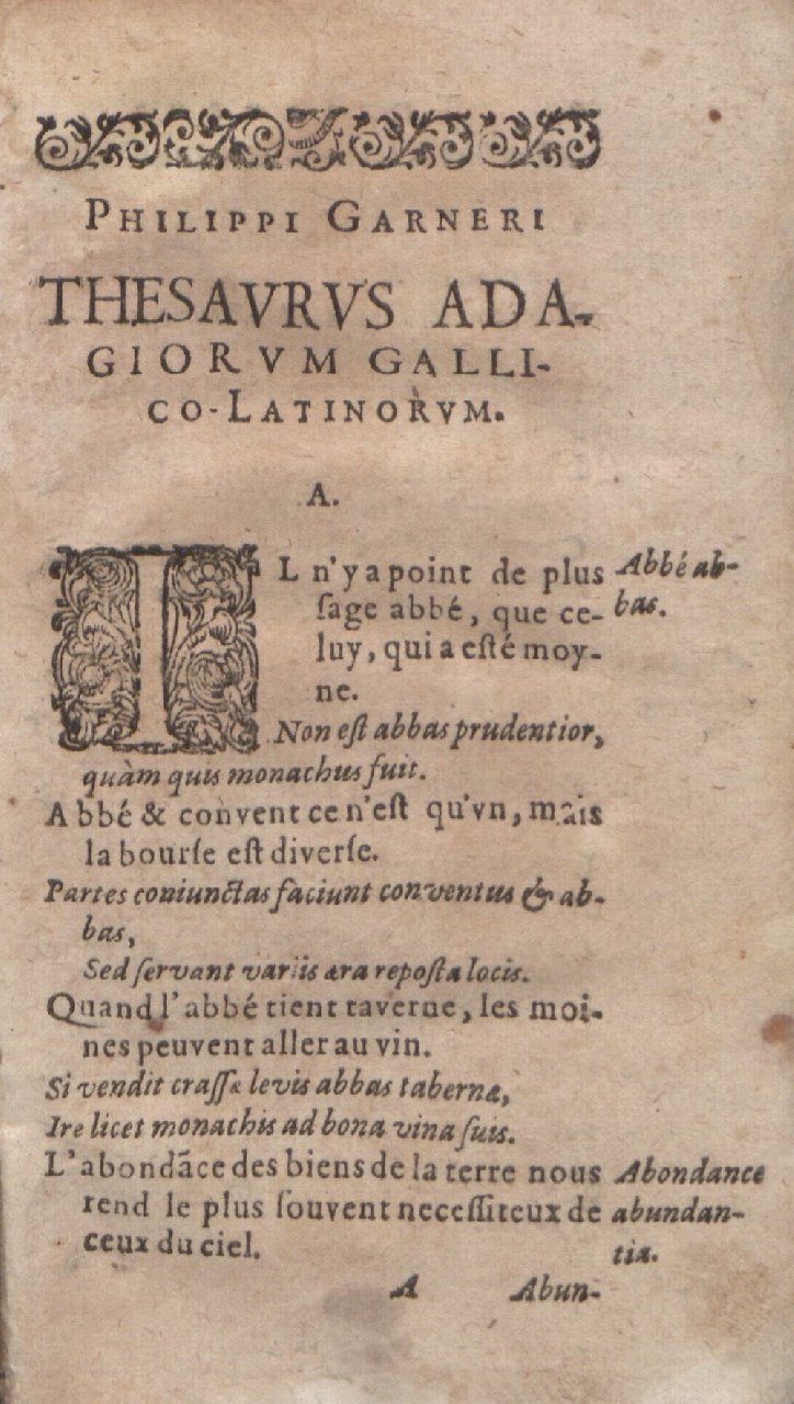 1612 - Dominicus Custos - Trésor des proverbes français  - Bibliopol-Olomuc