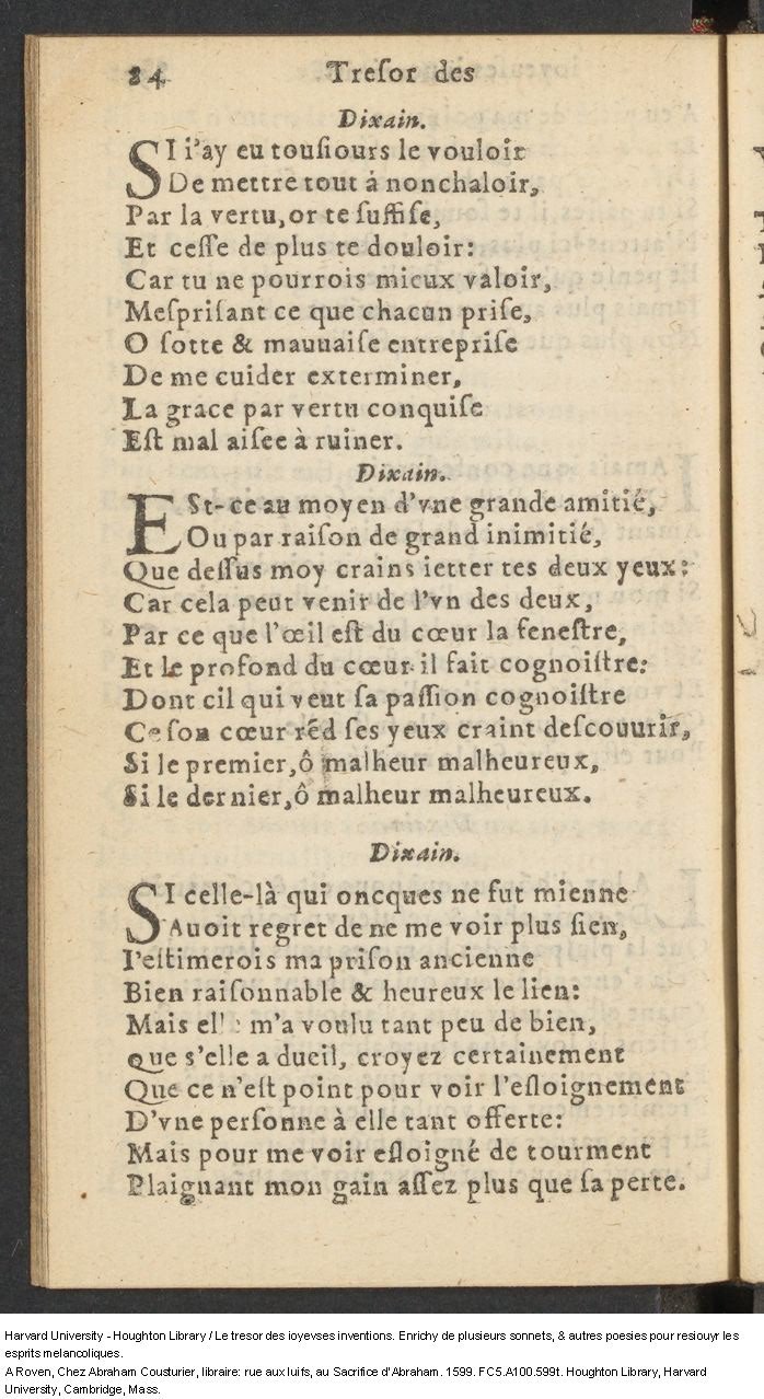 1599 - Abraham Le Cousturier - Trésor des joyeuses inventions du parangon de poésies - Harvard University 1599 - Abraham Le Cousturier - Trésor des joyeuses inventions du parangon de poésies - Harvard University