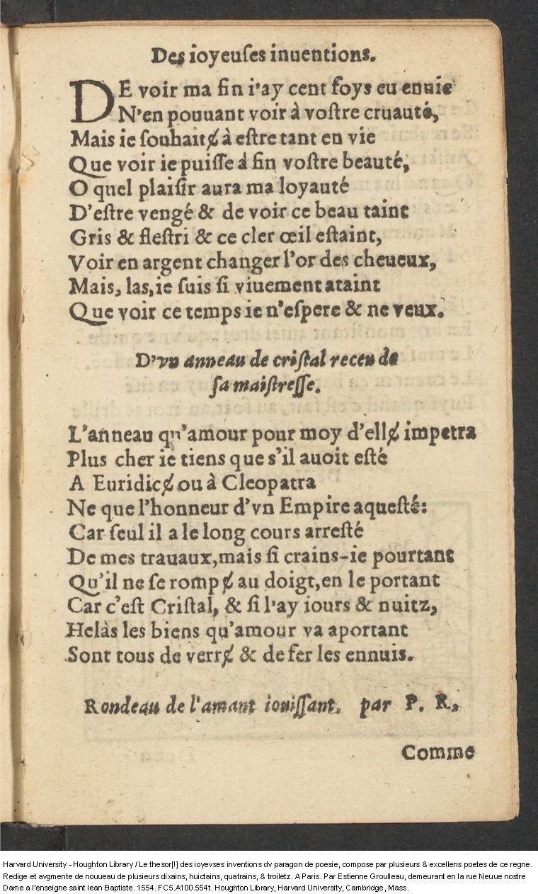 1554 - Étienne Groulleau - Trésor des joyeuses inventions du parangon de poésies - Harvard University