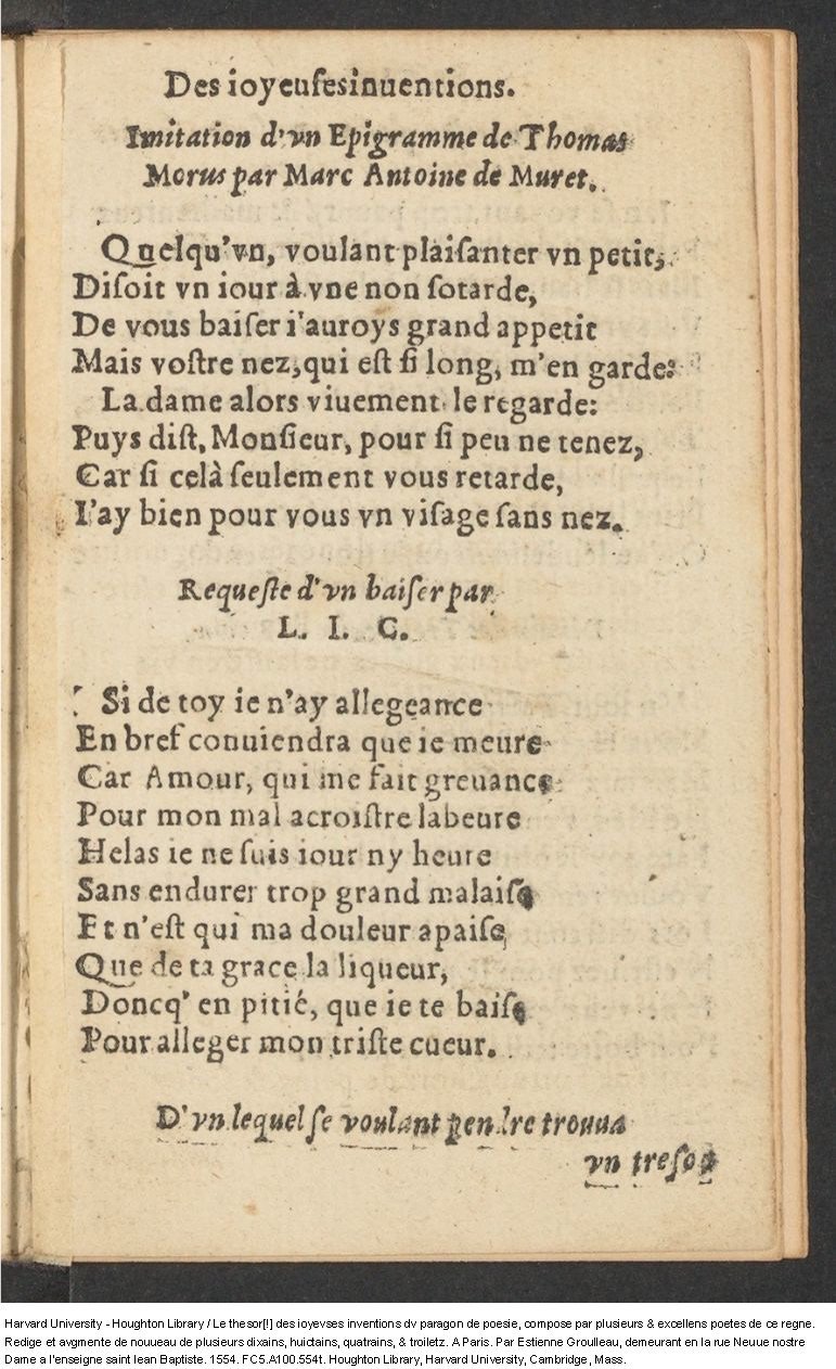 1554 - Étienne Groulleau - Trésor des joyeuses inventions du parangon de poésies - Harvard University