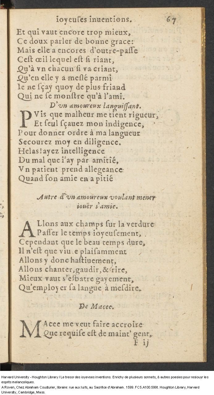 1599 - Abraham Le Cousturier - Trésor des joyeuses inventions du parangon de poésies - Harvard University 1599 - Abraham Le Cousturier - Trésor des joyeuses inventions du parangon de poésies - Harvard University