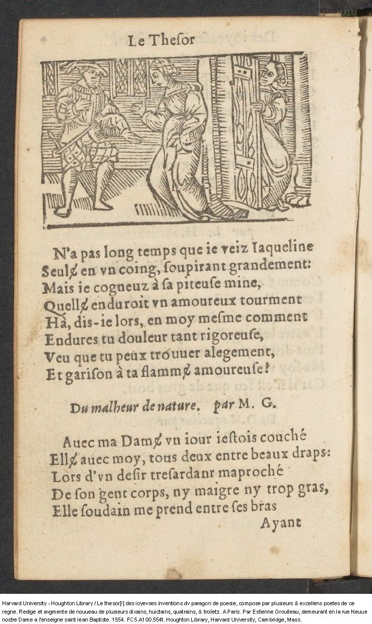1554 - Étienne Groulleau - Trésor des joyeuses inventions du parangon de poésies - Harvard University