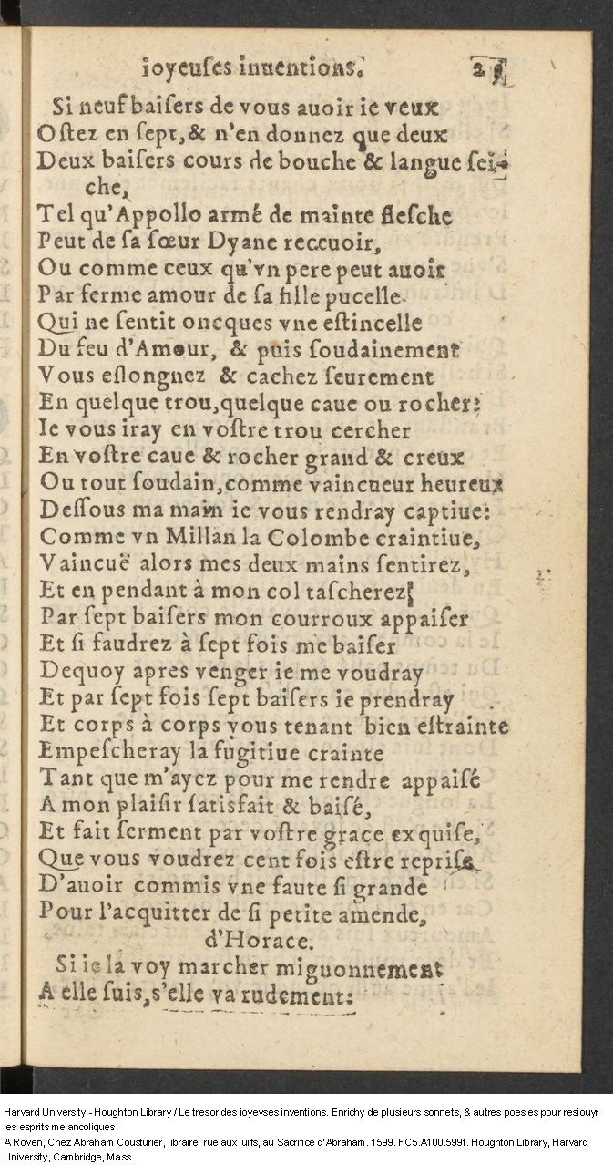 1599 - Abraham Le Cousturier - Trésor des joyeuses inventions du parangon de poésies - Harvard University 1599 - Abraham Le Cousturier - Trésor des joyeuses inventions du parangon de poésies - Harvard University