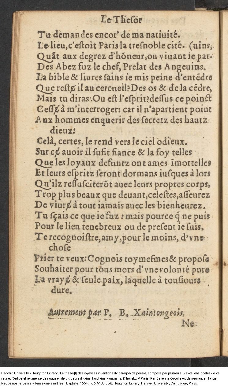 1554 - Étienne Groulleau - Trésor des joyeuses inventions du parangon de poésies - Harvard University