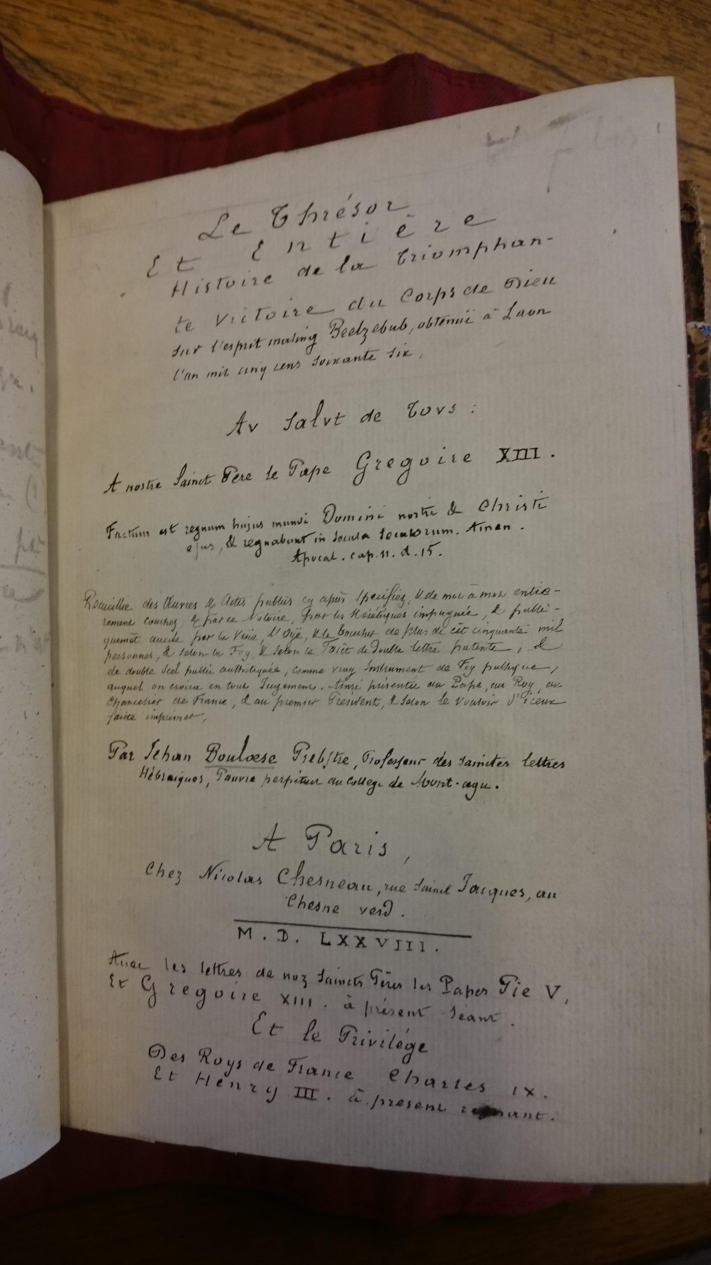 1578 - Nicolas Chesneau - Trésor et entière histoire de la triomphante victoire du corps de Dieu sur l’esprit malin - BM Lyon 1578 - Nicolas Chesneau - Trésor et entière histoire de la triomphante victoire du corps de Dieu sur l’esprit malin - BM Lyon
