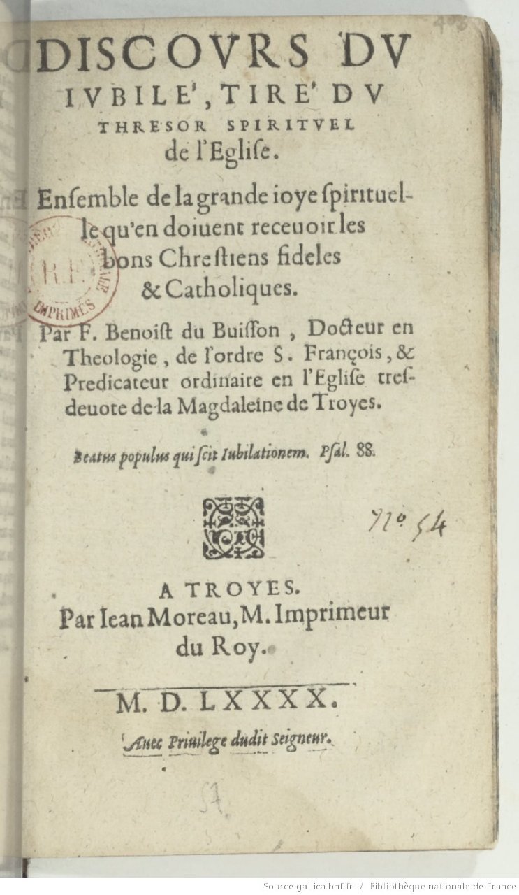 1590 - Jean Moreau - Discours du jubilé tiré du Trésor spirituel de l’Église - BnF