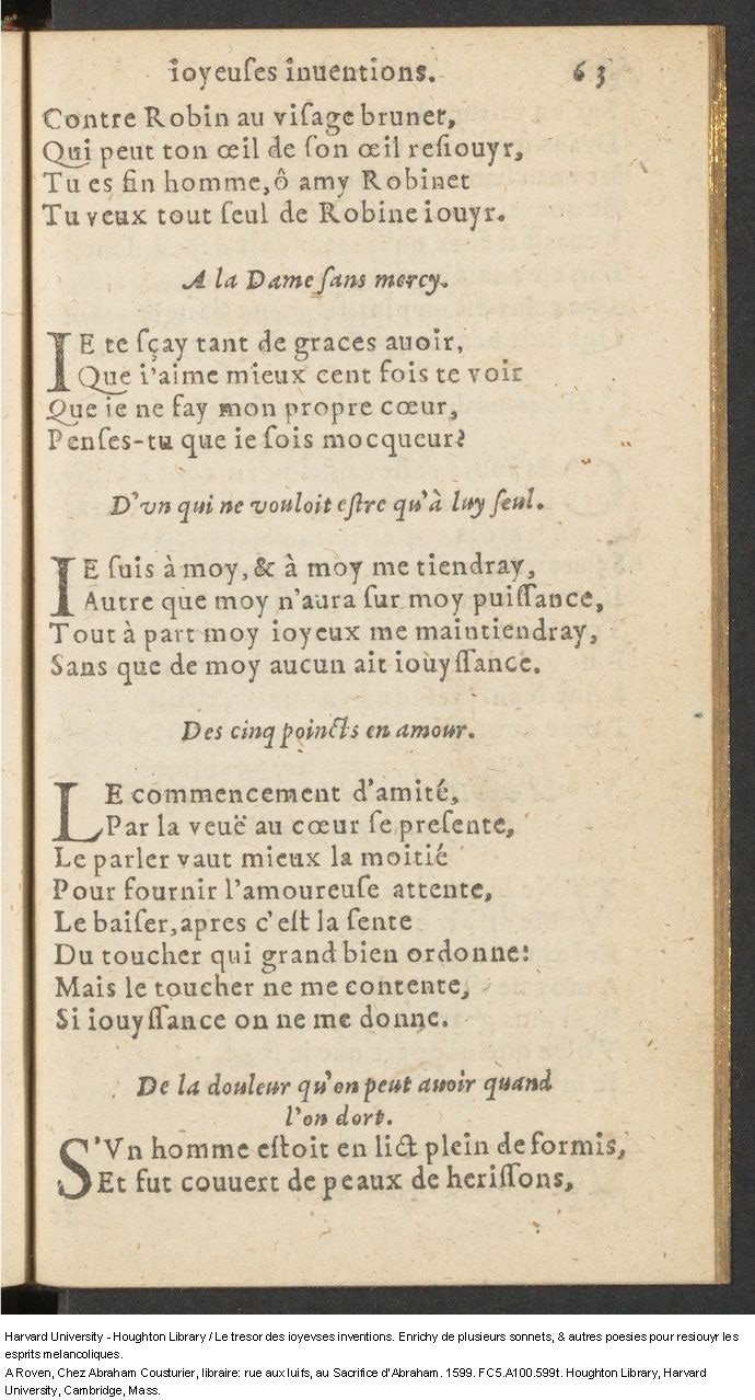 1599 - Abraham Le Cousturier - Trésor des joyeuses inventions du parangon de poésies - Harvard University 1599 - Abraham Le Cousturier - Trésor des joyeuses inventions du parangon de poésies - Harvard University