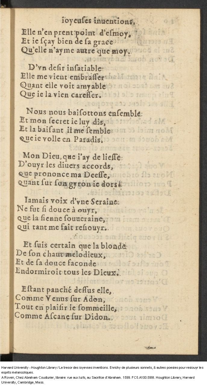 1599 - Abraham Le Cousturier - Trésor des joyeuses inventions du parangon de poésies - Harvard University 1599 - Abraham Le Cousturier - Trésor des joyeuses inventions du parangon de poésies - Harvard University