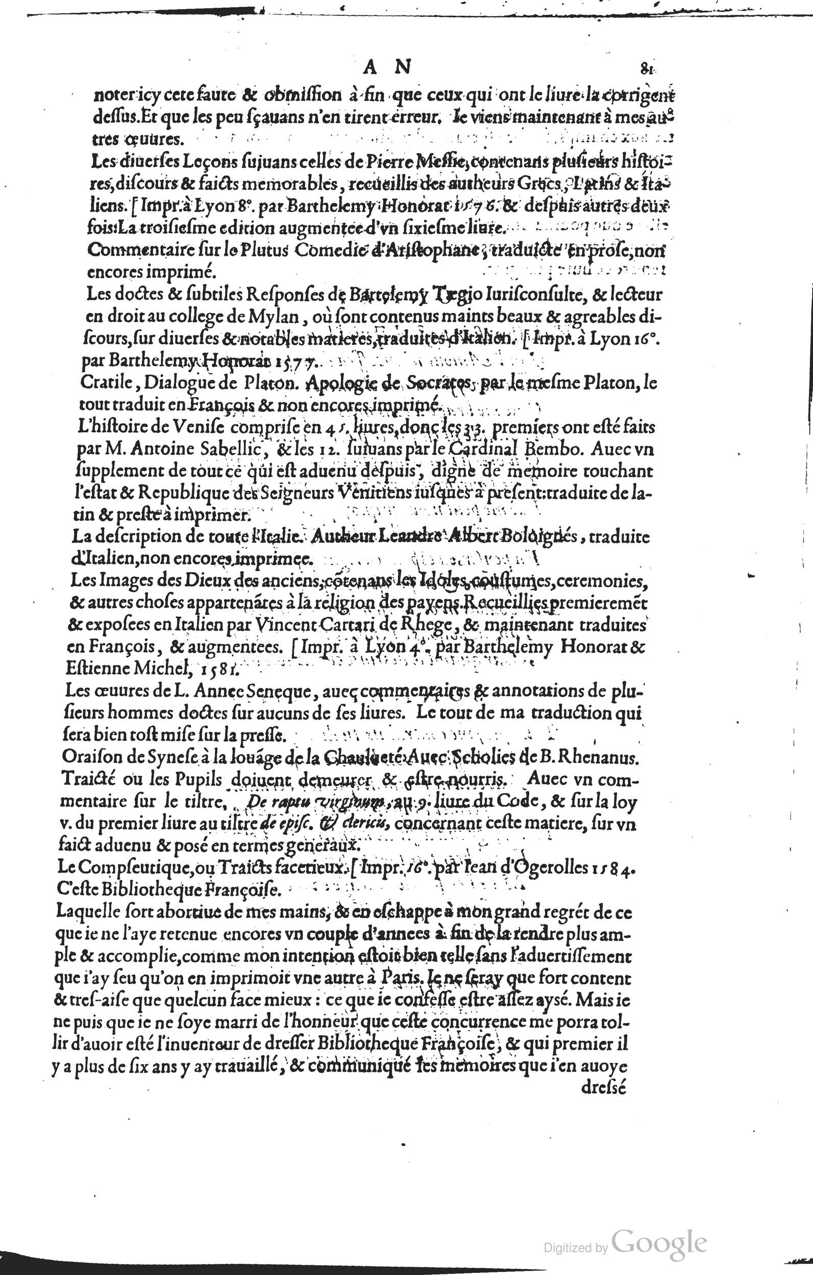 1585 - Barthélemy Honorat - Bibliothèques françaises - BSB Munich