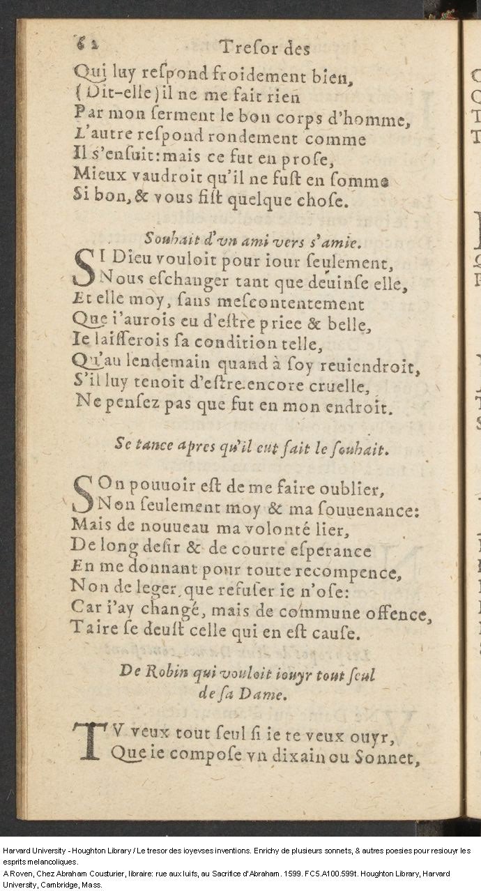 1599 - Abraham Le Cousturier - Trésor des joyeuses inventions du parangon de poésies - Harvard University 1599 - Abraham Le Cousturier - Trésor des joyeuses inventions du parangon de poésies - Harvard University