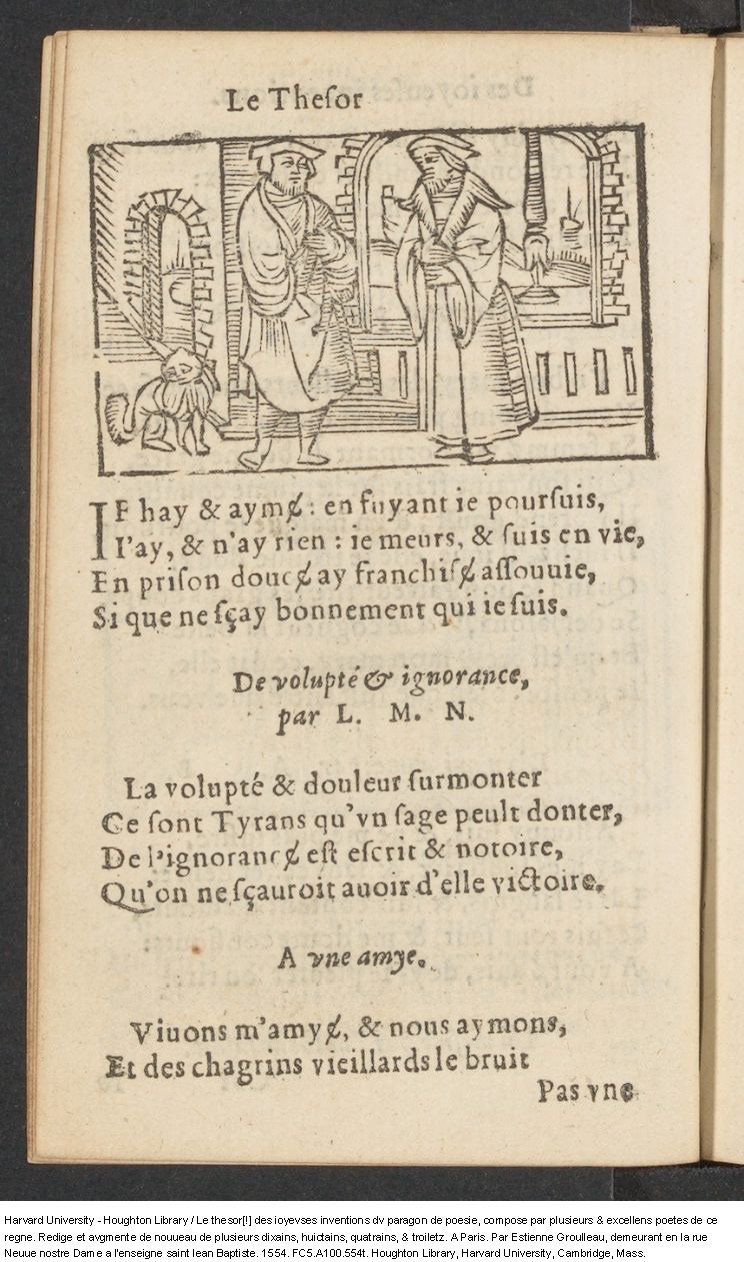 1554 - Étienne Groulleau - Trésor des joyeuses inventions du parangon de poésies - Harvard University