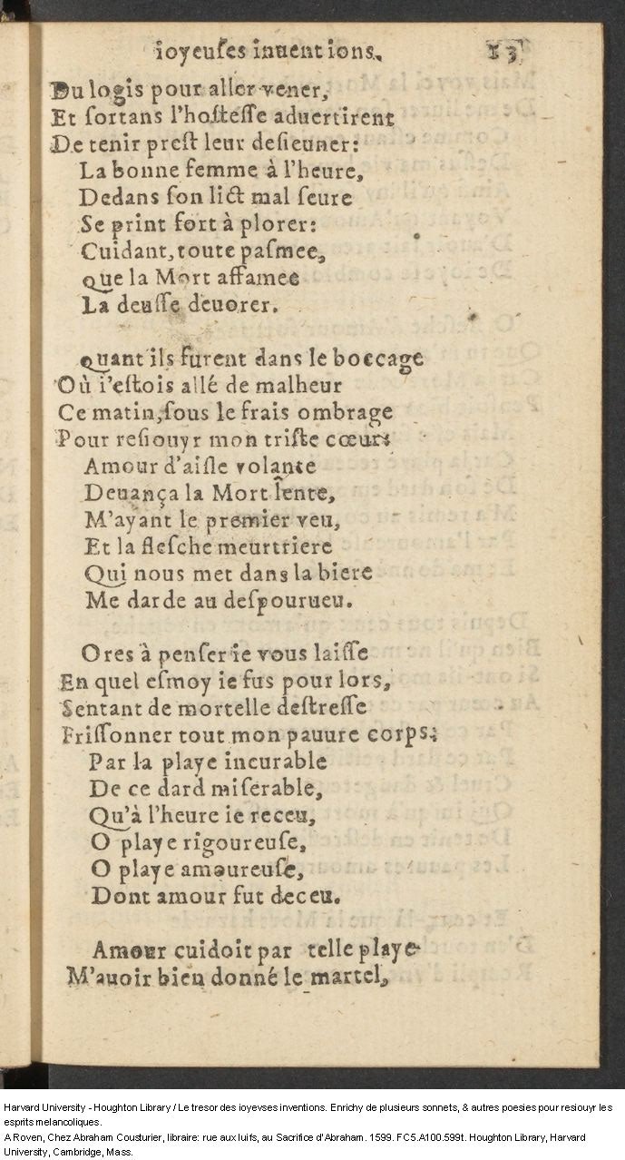 1599 - Abraham Le Cousturier - Trésor des joyeuses inventions du parangon de poésies - Harvard University 1599 - Abraham Le Cousturier - Trésor des joyeuses inventions du parangon de poésies - Harvard University