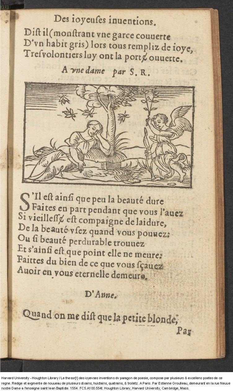 1554 - Étienne Groulleau - Trésor des joyeuses inventions du parangon de poésies - Harvard University