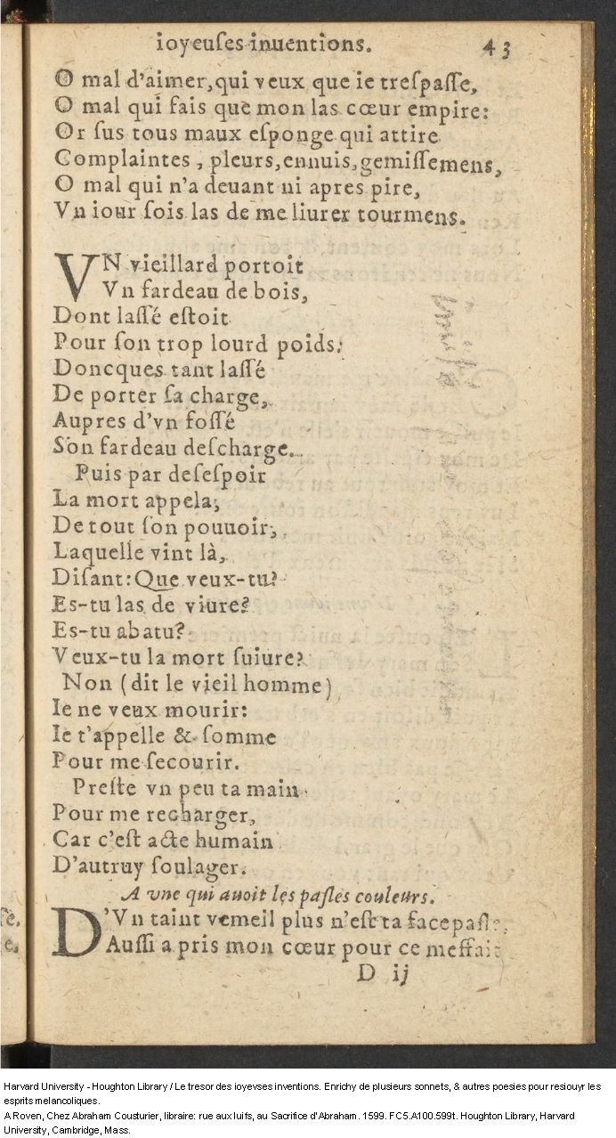 1599 - Abraham Le Cousturier - Trésor des joyeuses inventions du parangon de poésies - Harvard University 1599 - Abraham Le Cousturier - Trésor des joyeuses inventions du parangon de poésies - Harvard University