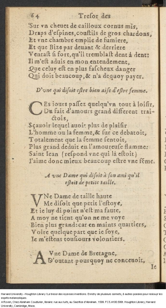 1599 - Abraham Le Cousturier - Trésor des joyeuses inventions du parangon de poésies - Harvard University 1599 - Abraham Le Cousturier - Trésor des joyeuses inventions du parangon de poésies - Harvard University