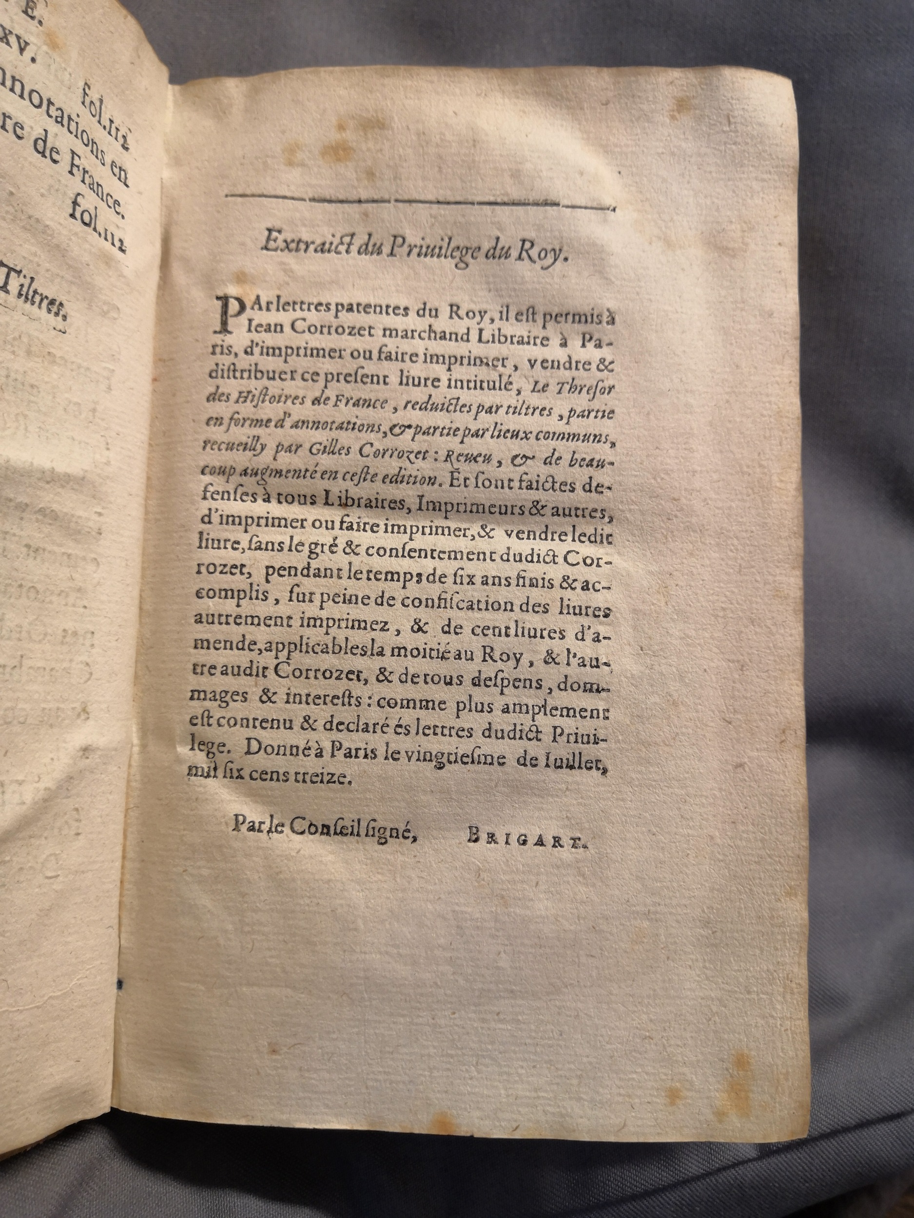 1614 - Jean Corrozet - Trésor des histoires de France - Amsterdam