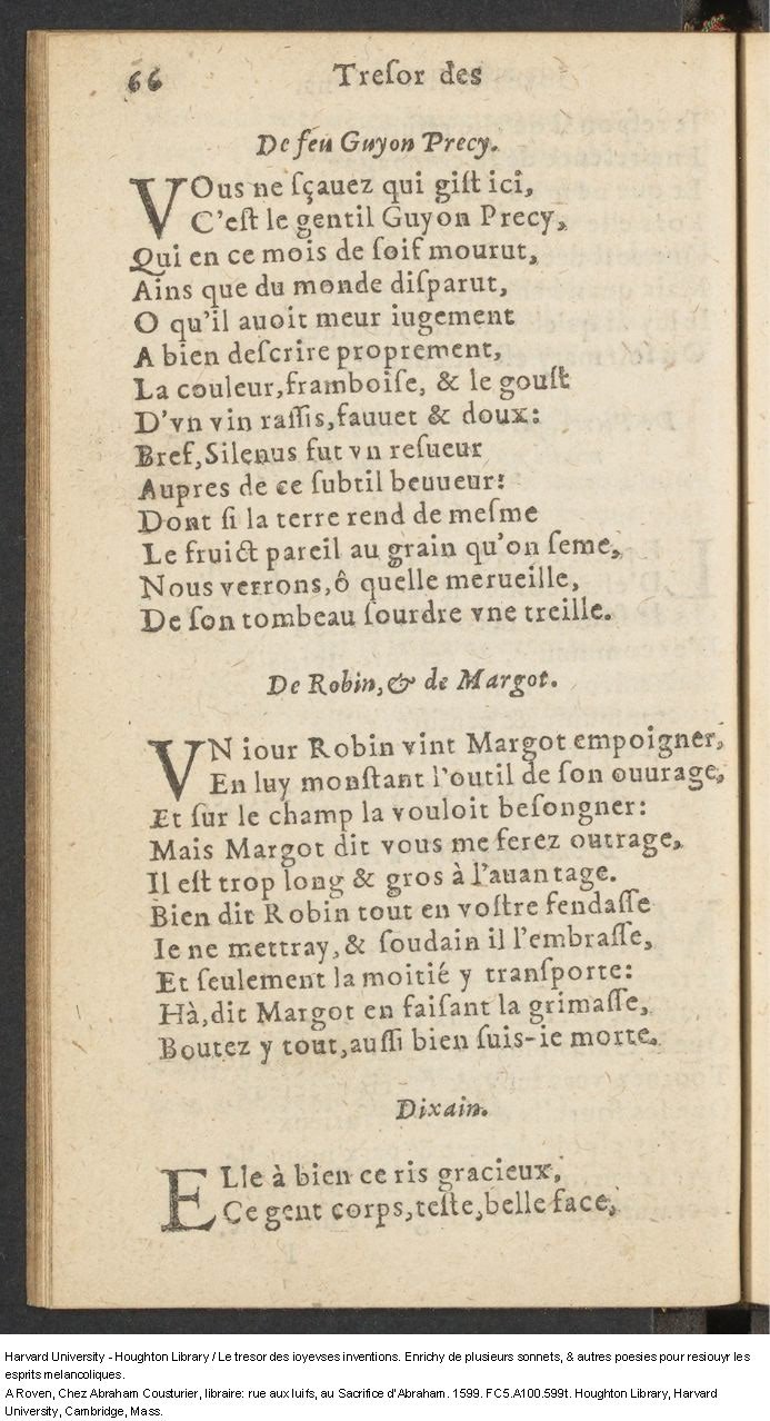 1599 - Abraham Le Cousturier - Trésor des joyeuses inventions du parangon de poésies - Harvard University 1599 - Abraham Le Cousturier - Trésor des joyeuses inventions du parangon de poésies - Harvard University