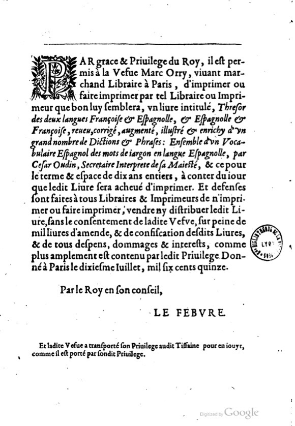 1621 - Adrian Tiffaine - Trésor des deux langues espagnole et française - BM Lyon