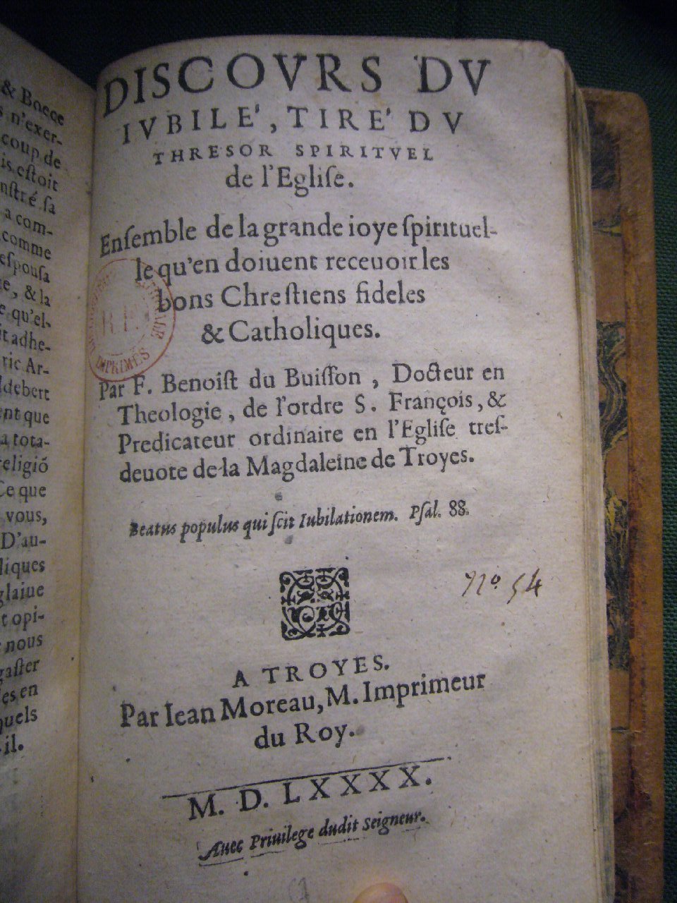 1590 - Jean Moreau - Discours du jubilé tiré du Trésor spirituel de l’Église - BnF