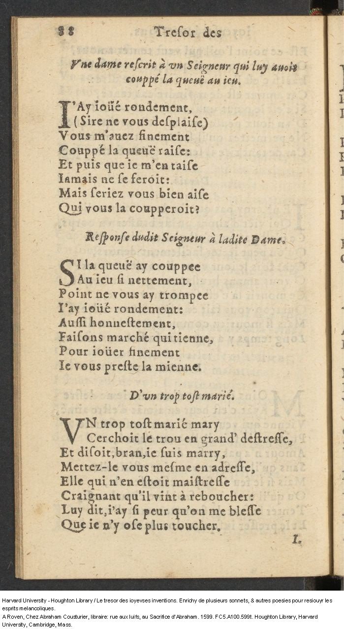 1599 - Abraham Le Cousturier - Trésor des joyeuses inventions du parangon de poésies - Harvard University 1599 - Abraham Le Cousturier - Trésor des joyeuses inventions du parangon de poésies - Harvard University