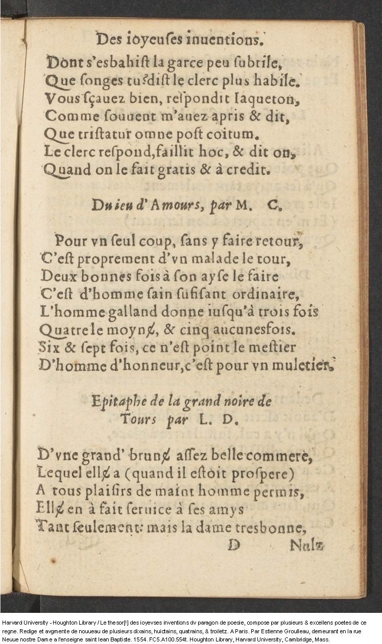 1554 - Étienne Groulleau - Trésor des joyeuses inventions du parangon de poésies - Harvard University