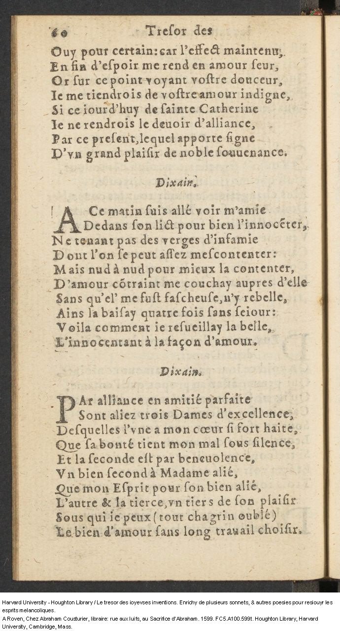 1599 - Abraham Le Cousturier - Trésor des joyeuses inventions du parangon de poésies - Harvard University 1599 - Abraham Le Cousturier - Trésor des joyeuses inventions du parangon de poésies - Harvard University