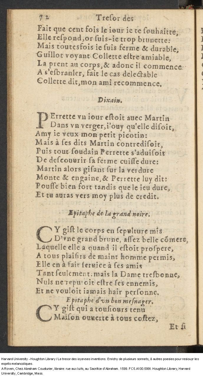1599 - Abraham Le Cousturier - Trésor des joyeuses inventions du parangon de poésies - Harvard University 1599 - Abraham Le Cousturier - Trésor des joyeuses inventions du parangon de poésies - Harvard University